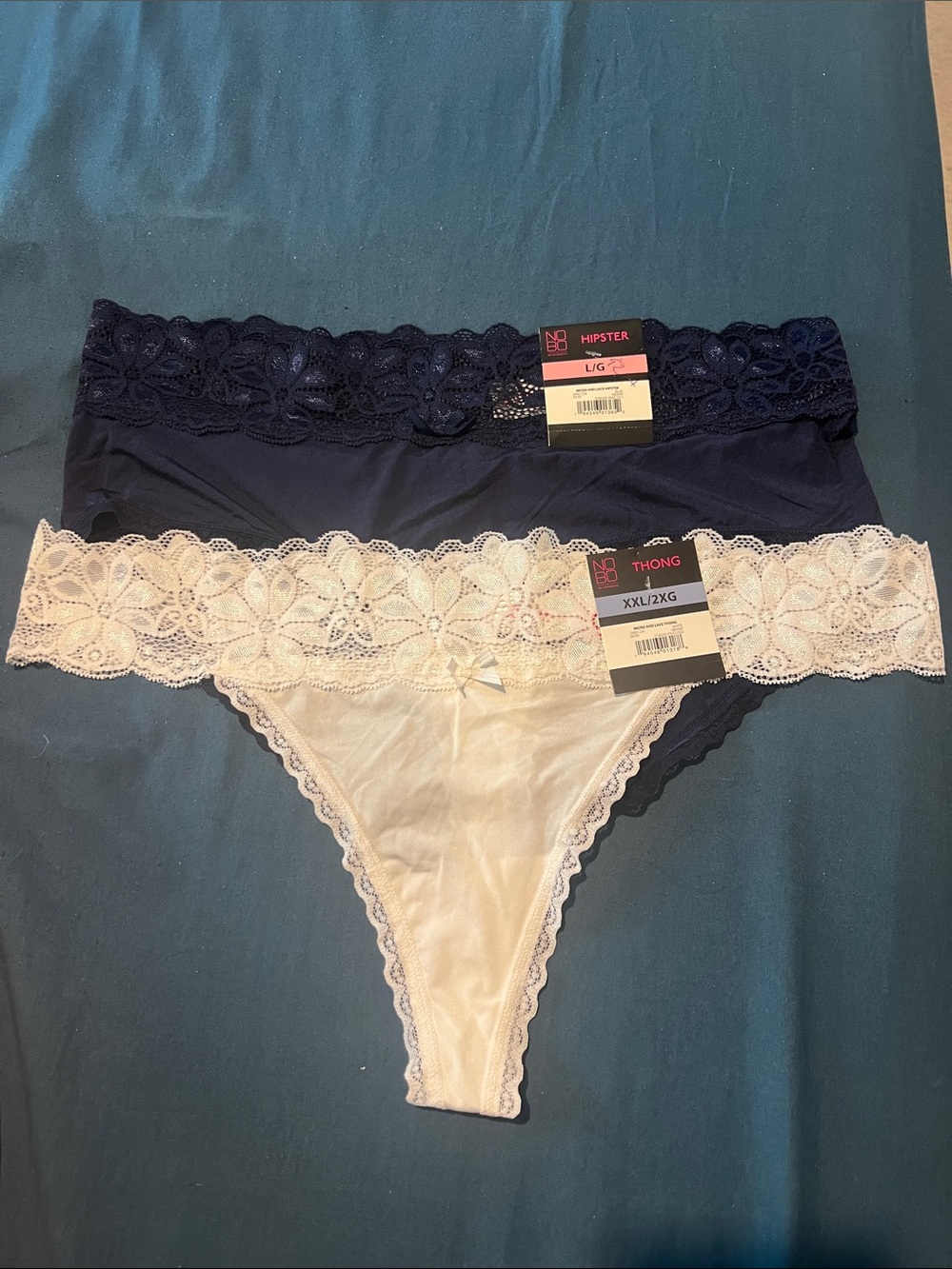 Women Lace-Trim Hipster & Thong Set - Navy and Cream